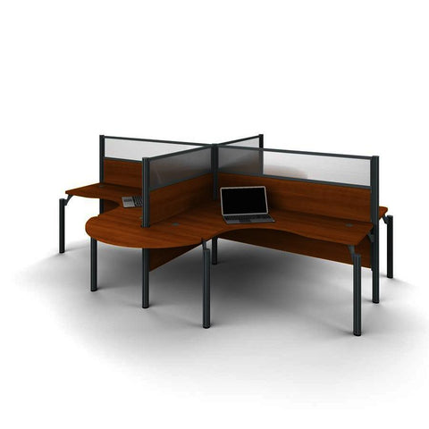 Bestar Pro-Biz Four L-Desk Workstation w/Rounded Corners & Privacy Panels in Cappuccino Cherry