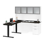 Bestar Pro-Concept Plus Height Adjustable L-Desk w/Frosted Glass Door Hutch in White & Deep Grey