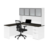 Bestar Pro-Concept Plus L-Desk w/Frosted Glass Door Hutch in White & Deep Grey