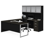 Bestar Pro-Concept Plus U-Desk w/Frosted Glass Door Hutch in Deep Grey & Black