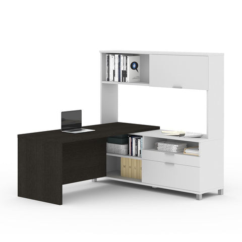 Bestar Pro-Linea 72W L-Shaped Desk with Hutch in deep grey & white