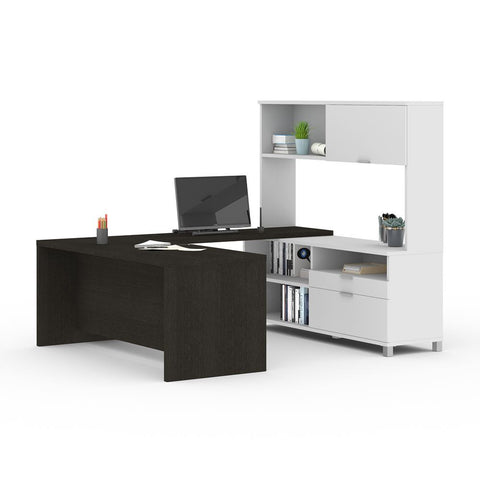 Bestar Pro-Linea 72W U-Shaped Executive Desk with Hutch in deep grey & white