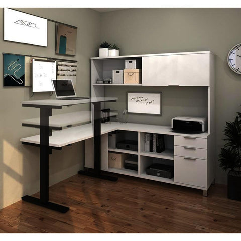 Bestar Pro-Linea L-Desk w/Hutch & Electric Height Adjustable Table in White