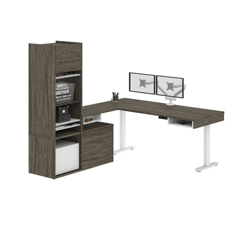 Bestar Pro-Vega 81W L-Shaped Standing Desk with Credenza, Hutch, and Dual Monitor Arm in walnut grey & white