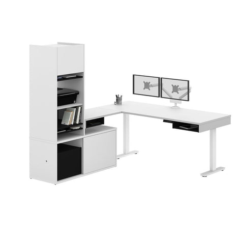 Bestar Pro-Vega 81W L-Shaped Standing Desk with Credenza, Hutch, and Dual Monitor Arm in white & black