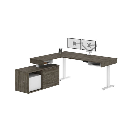 Bestar Pro-Vega 81W L-Shaped Standing Desk with Credenza and Dual Monitor Arm in walnut grey & white