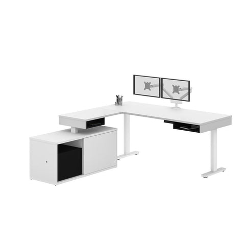 Bestar Pro-Vega 81W L-Shaped Standing Desk with Credenza and Dual Monitor Arm in white & black