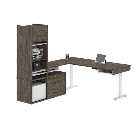 Bestar Pro-Vega 81W L-Shaped Standing Desk with Credenza and Hutch in walnut grey & white