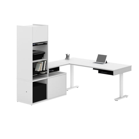 Bestar Pro-Vega 81W L-Shaped Standing Desk with Credenza and Hutch in white & black