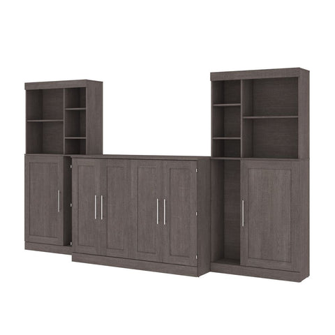 Bestar Pur 133W Full Cabinet Bed with Mattress, two 36" Storage Units, and 2 Hutches in bark grey
