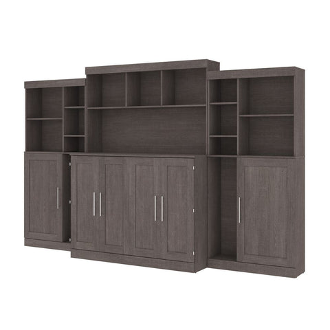 Bestar Pur 133W Full Cabinet Bed with Mattress, two 36" Storage Units, and 3 Hutches in bark grey