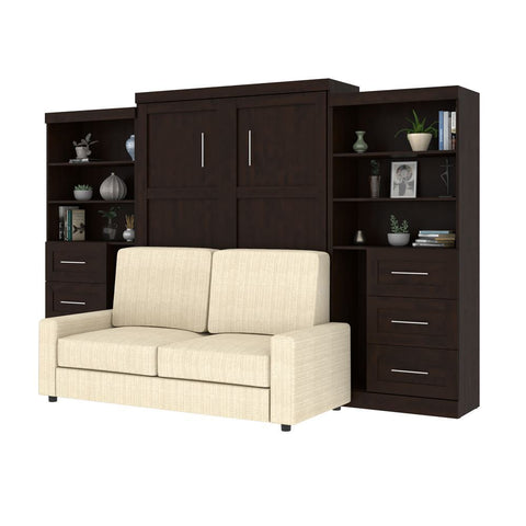 Bestar Pur 136W Queen Murphy Bed, 1 Sofa and 2 Storage Units with Drawers in chocolate