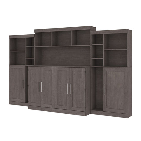 Bestar Pur 139W Queen Cabinet Bed with Mattress, two 36" Storage Units, and 3 Hutches in bark grey