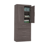 Bestar Pur 36 Inch Storage Unit w/3-Drawer Set & Doors in Bark Gray