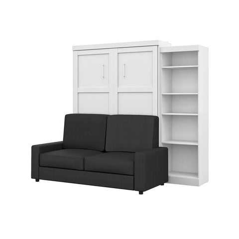 Bestar Pur 96W Queen Murphy Bed, a Storage Unit and a Sofa in white