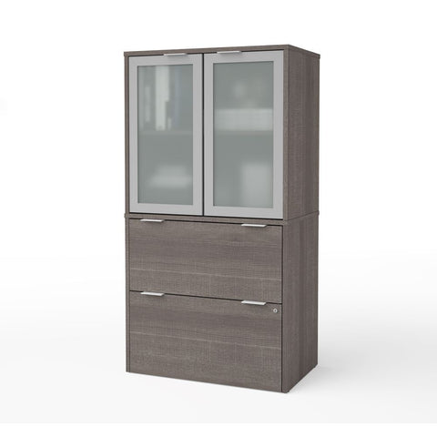 Bestar i3 Plus 31W Lateral File Cabinet with Frosted Glass Doors Hutch in bark grey