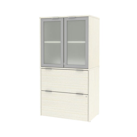 Bestar i3 Plus 31W Lateral File Cabinet with Frosted Glass Doors Hutch in white chocolate