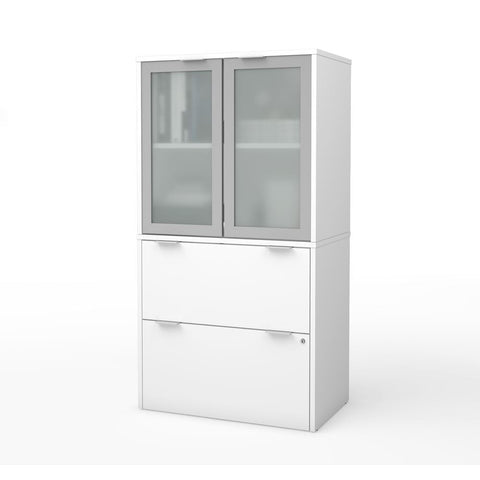 Bestar i3 Plus 31W Lateral File Cabinet with Frosted Glass Doors Hutch in white