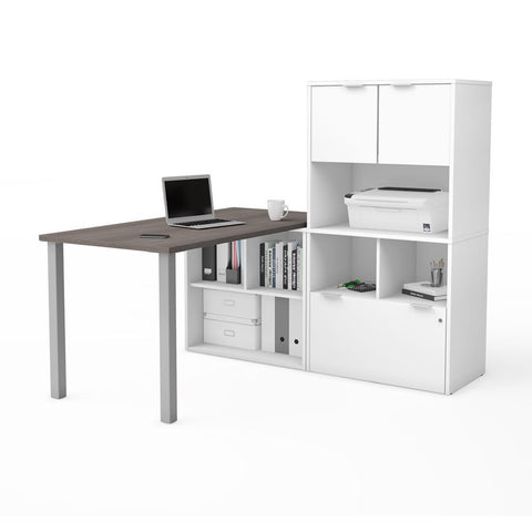 Bestar i3 Plus 61W L-Shaped Desk with Hutch in bark grey & white