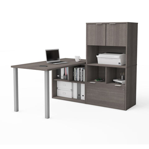 Bestar i3 Plus 61W L-Shaped Desk with Hutch in bark grey