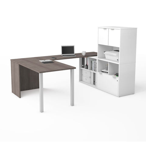 Bestar i3 Plus 61W U-Shaped Executive Desk with Hutch in bark grey & white