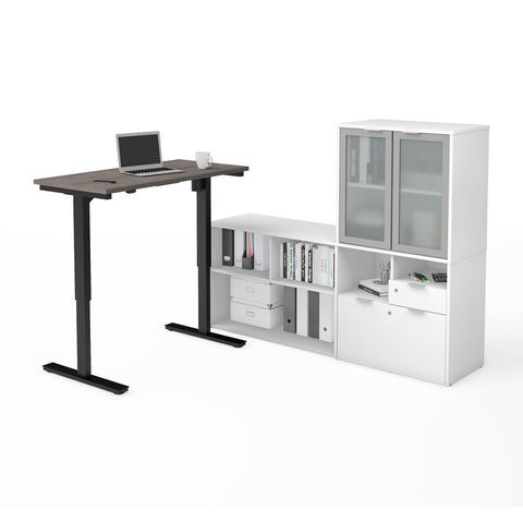 Bestar i3 Plus 72W 2-Piece Set including a standing desk and a credenza with hutch in bark grey & white