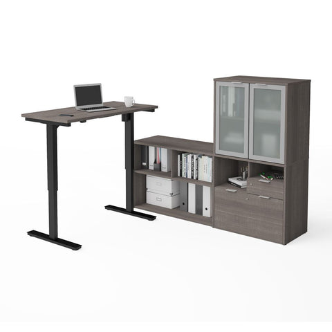 Bestar i3 Plus 72W 2-Piece Set including a standing desk and a credenza with hutch in bark grey