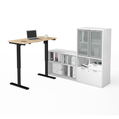 Bestar i3 Plus 72W 2-Piece Set including a standing desk and a credenza with hutch in northern maple & white