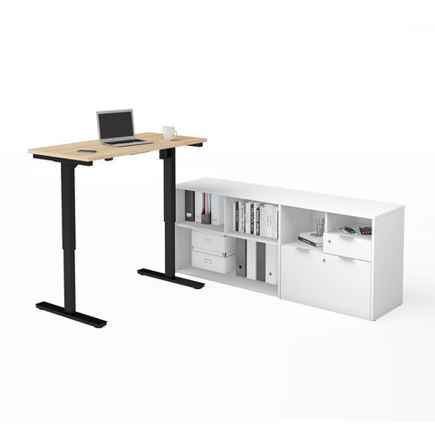 Bestar i3 Plus 72W 2-Piece set including a standing desk and a credenza in northern maple & white