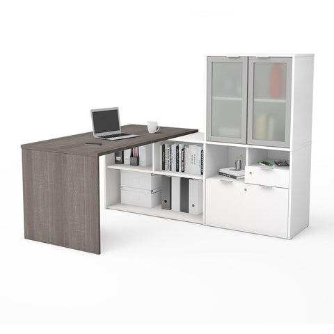 Bestar i3 Plus 72W L-Shaped Desk with Frosted Glass Doors Hutch in bark grey & white