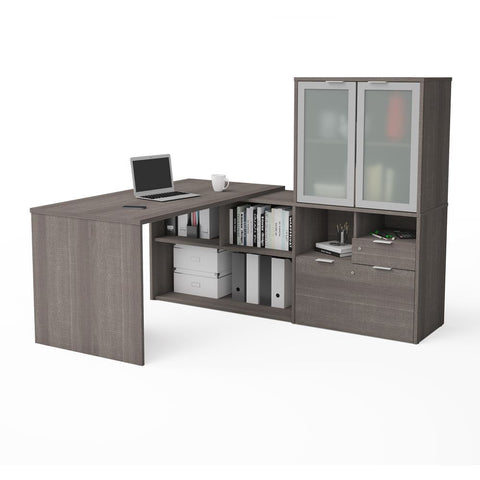 Bestar i3 Plus 72W L-Shaped Desk with Frosted Glass Doors Hutch in bark grey