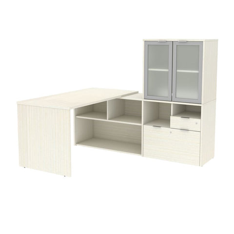 Bestar i3 Plus 72W L-Shaped Desk with Frosted Glass Doors Hutch in white chocolate