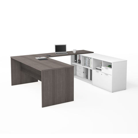 Bestar i3 Plus 72W U-Shaped Executive Desk in bark grey & white