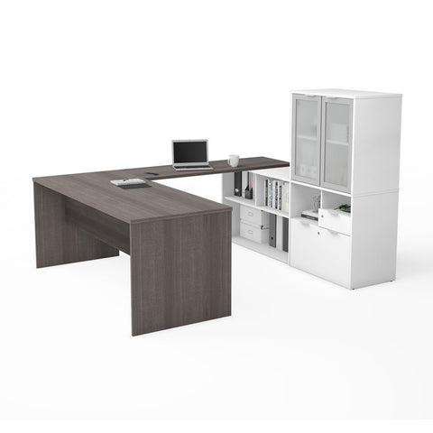 Bestar i3 Plus 72W U-Shaped Executive Desk with Frosted Glass Doors Hutch in bark grey & white