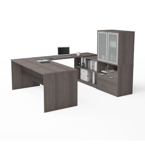 Bestar i3 Plus 72W U-Shaped Executive Desk with Frosted Glass Doors Hutch in bark grey