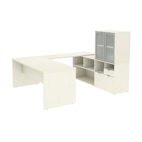 Bestar i3 Plus 72W U-Shaped Executive Desk with Frosted Glass Doors Hutch in white chocolate