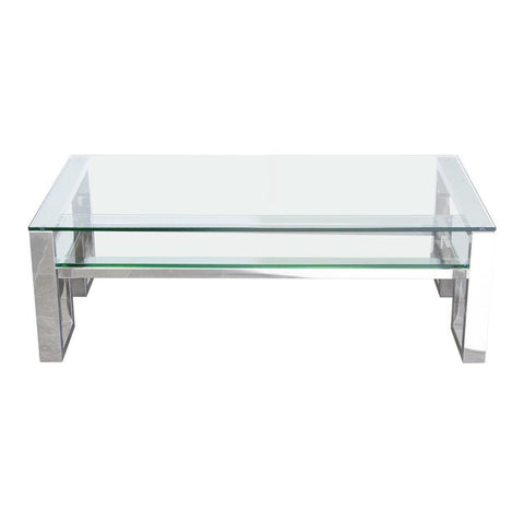 Diamond Sofa Carlsbad Cocktail Table w/Clear Glass Top & Shelf w/Stainless Steel Frame