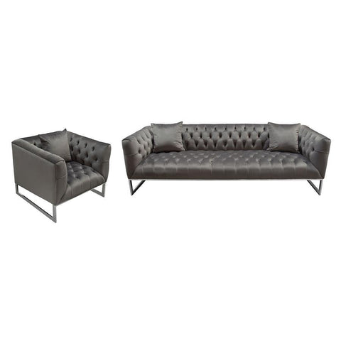 Diamond Sofa Crawford 2 Piece Tufted Sofa & Chair Set in Dusk Grey Velvet w/ Polished Metal Leg & Trim