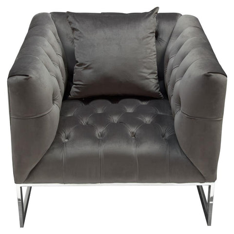 Diamond Sofa Crawford Tufted Chair in Dusk Grey Velvet w/ Polished Metal Leg & Trim