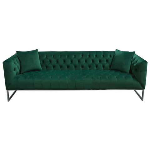 Diamond Sofa Crawford Tufted Sofa in Emerald Green Velvet w/ Polished Metal Leg & Trim
