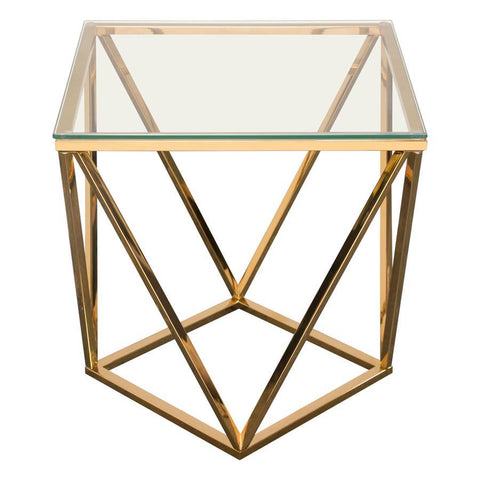 Diamond Sofa Gem End Table w/Clear Tempered Glass Top & Polished Stainless Steel Base in Gold
