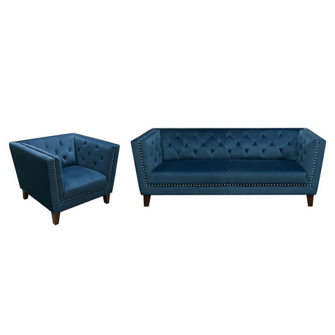 Diamond Sofa Grand 2 Piece Tufted Back Sofa & Chair Set w/Nail Head Accent in Blue Velvet