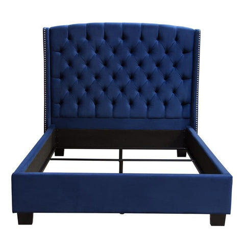 Diamond Sofa Majestic Tufted Bed in Royal Navy Velvet w/Nail Head Wing Accents