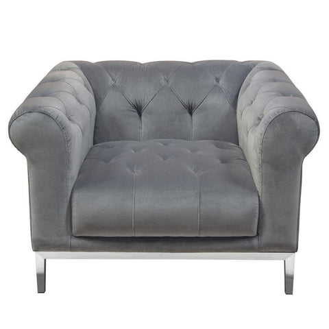 Diamond Sofa Monroe Tufted Chair in Royal Platinum Grey Velvet w/Brushed Stainless Steel Trim & Leg