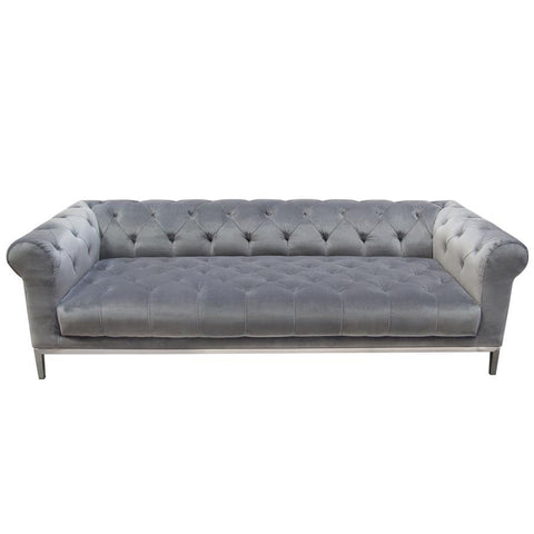 Diamond Sofa Monroe Tufted Sofa in Royal Platinum Grey Velvet w/Brushed Stainless Steel Trim & Leg