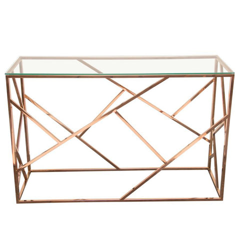 Diamond Sofa Nest Rectangular Console Table w/Clear Tempered Glass Top & Polished Stainless Steel Base in Rose Gold