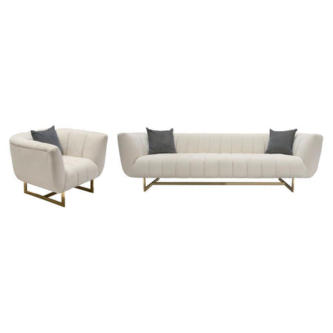Diamond Sofa Venus 2 Piece Cream Fabric Sofa & Chair Set w/Contrasting Pillows & Gold Finished Metal Base