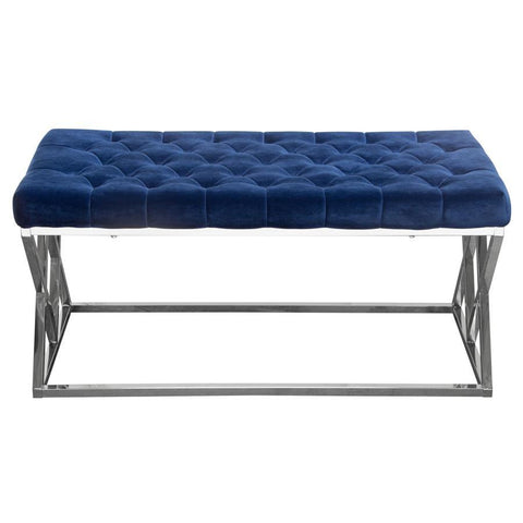 Diamond Sofa Vixen Accent Bench w/Navy Blue Tufted Velvet Seat & Polished Stainless Steel Base