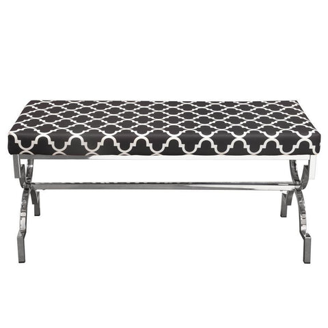 Diamond Sofa Windsor Accent Bench in Black & White Geo Patterned Seat w/Polished Stainless Steel Base