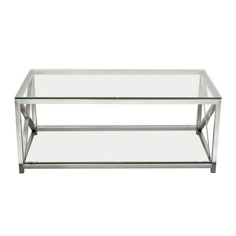 Diamond Sofa X-Factor Cocktail Table w/Clear Glass Top & Shelf w/Brushed Stainless Steel Frame